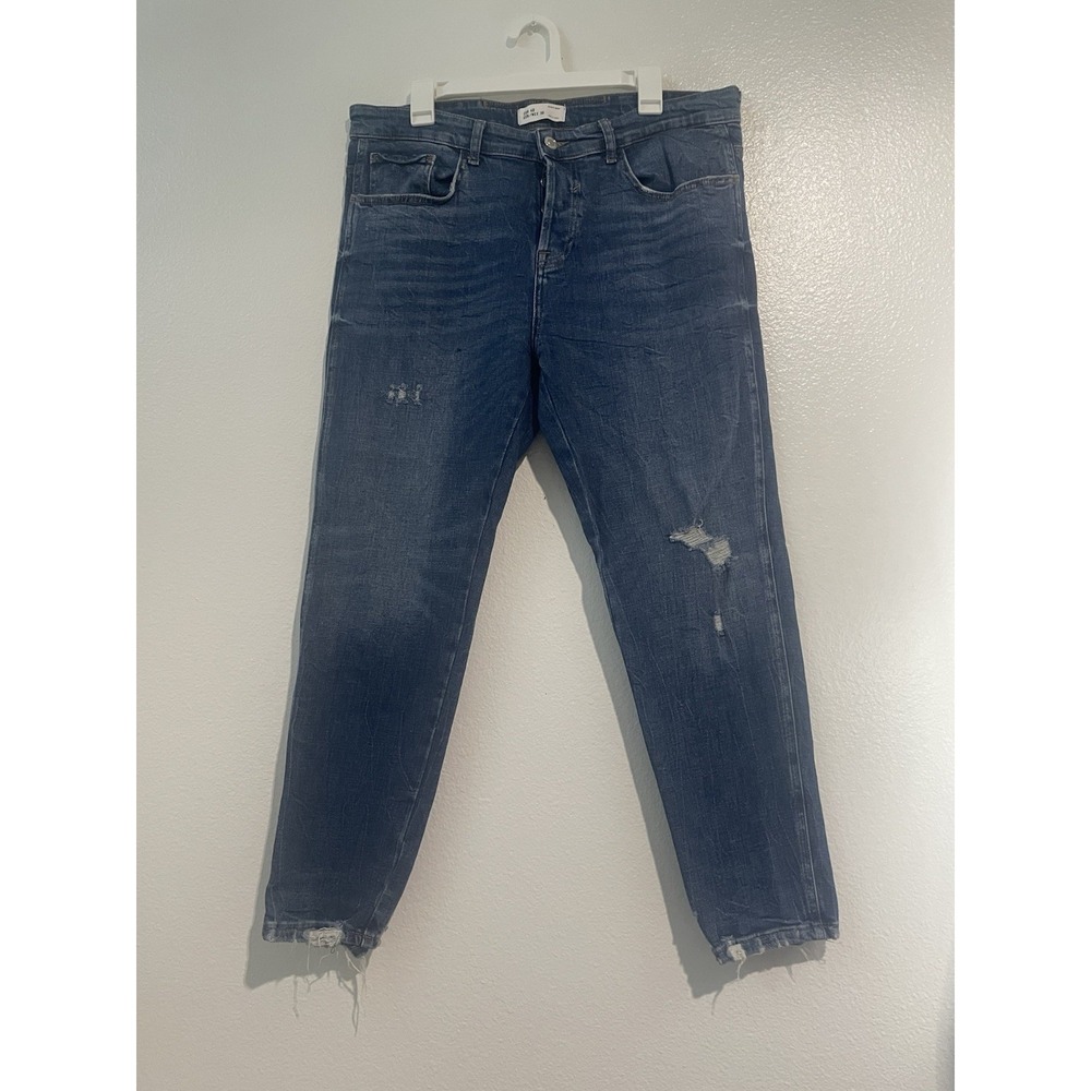 Zara Men's Blue Denim Skinny Slim Fit Jeans Medium Wash Distressed Button